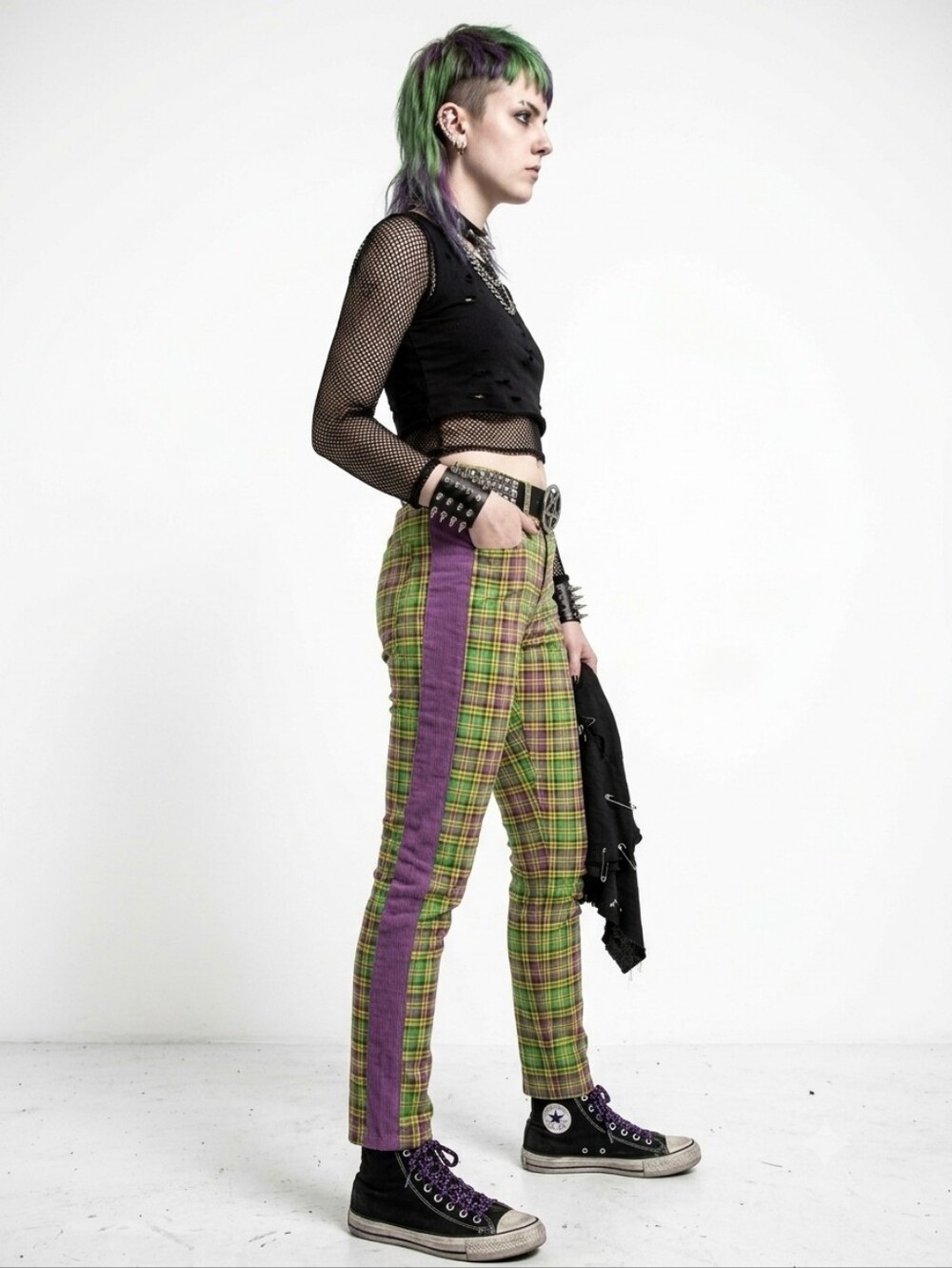Decibel Unisex Plaid Racer Stripe Emo Skinny Jeans Size 30×32 Green Purple... - Picture 5 of 16